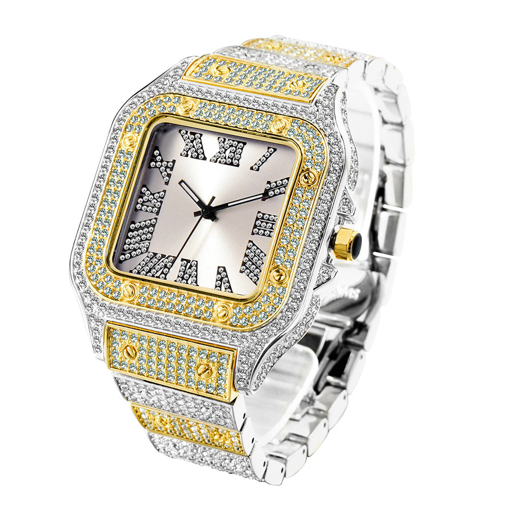 Roman Numerals / European & American Hip-Hop / High-End Luxury / Starry Sky / Full Diamond Square Men's Watch