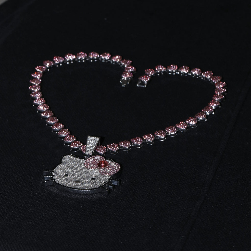 Iced Pink Kitty Cuban Link Necklace – Heart Chain & Full-Body Pendant Options