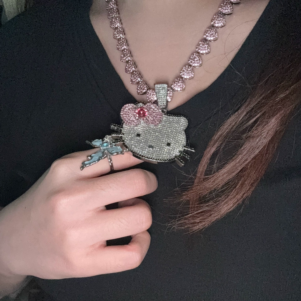 Iced Pink Kitty Cuban Link Necklace – Heart Chain & Full-Body Pendant Options