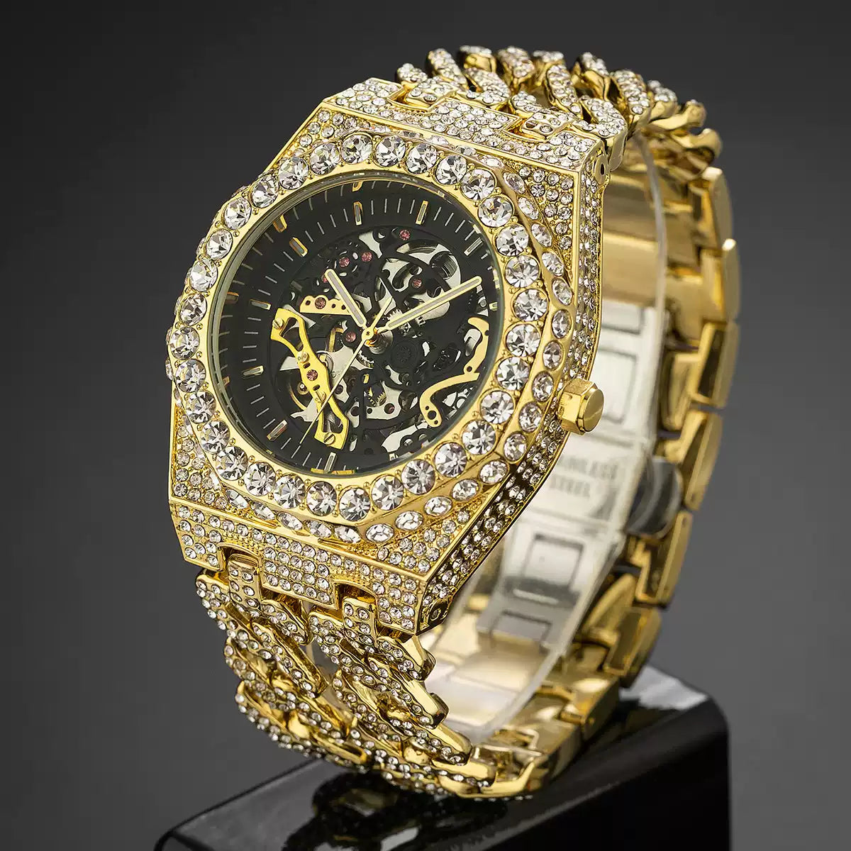Full Diamond Hip-Hop Cuban Chain Men’s Watch / Trendy Niche High-End / Skeleton Mechanical Watch for Men