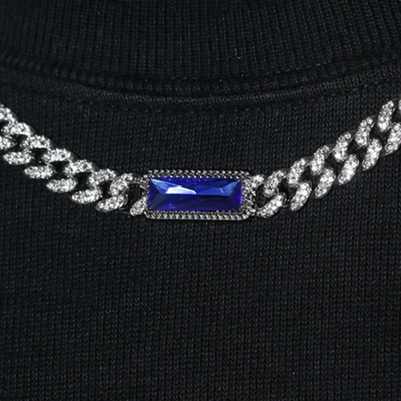 Royal Blue Rectangular Gem Iced Cuban Chain — Luxury Bling Necklace for Men & Women, Trendy American Style Choker
