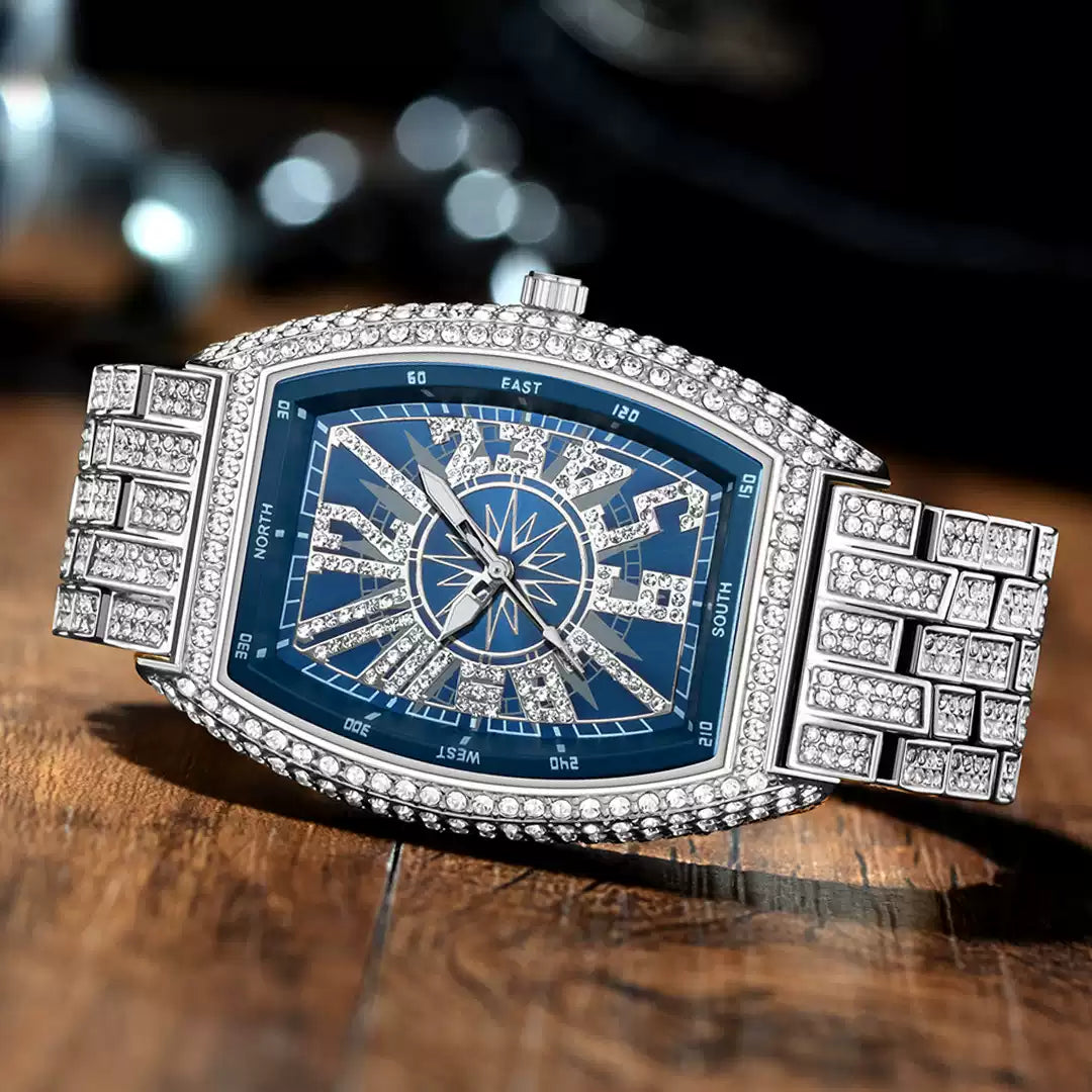 Barrel-Shaped / Fully Iced-Out / Full Pavé / Western Hip-Hop Style / Trendy / Luxury-Inspired Men’s Watch