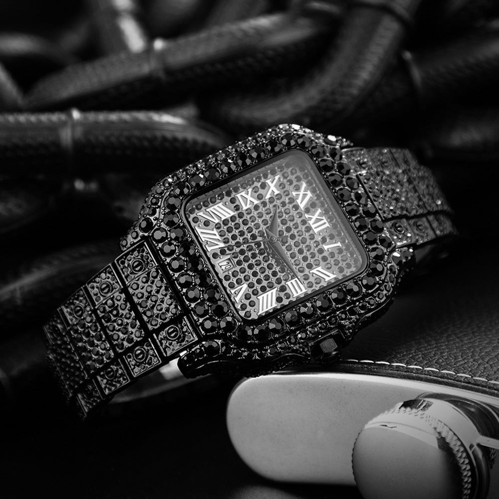 Hip-Hop Men's Watch / Chinese Trendy Fashion Bestseller Men’s Watch / Black Warrior Square Full Diamond Wristwatch for Men