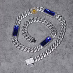 Royal Blue Rectangular Gem Iced Cuban Chain — Luxury Bling Necklace for Men & Women, Trendy American Style Choker