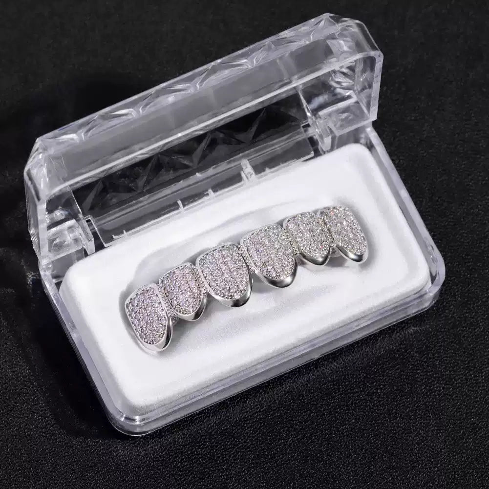 Iced Gold & Silver Grillz Set – 18K Plated Hip-Hop Tooth Caps with Box