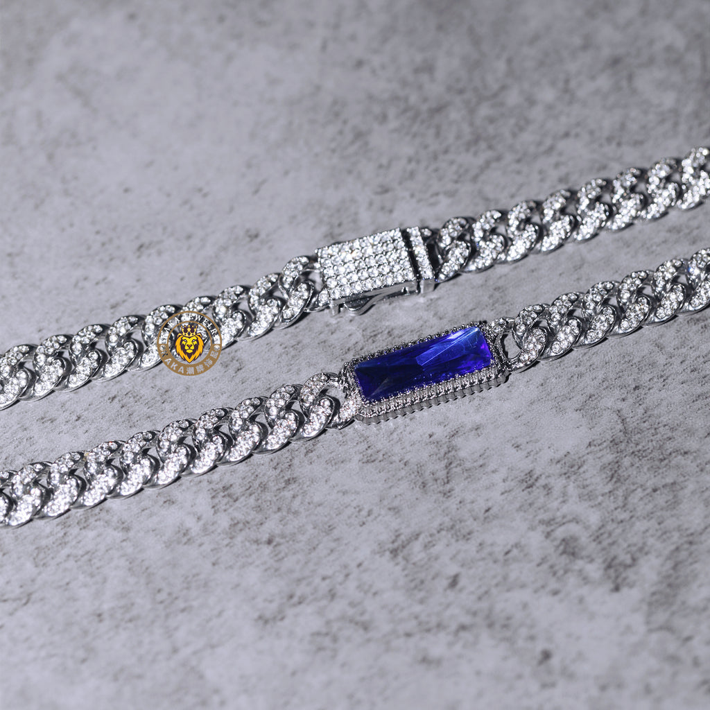Royal Blue Rectangular Gem Iced Cuban Chain — Luxury Bling Necklace for Men & Women, Trendy American Style Choker