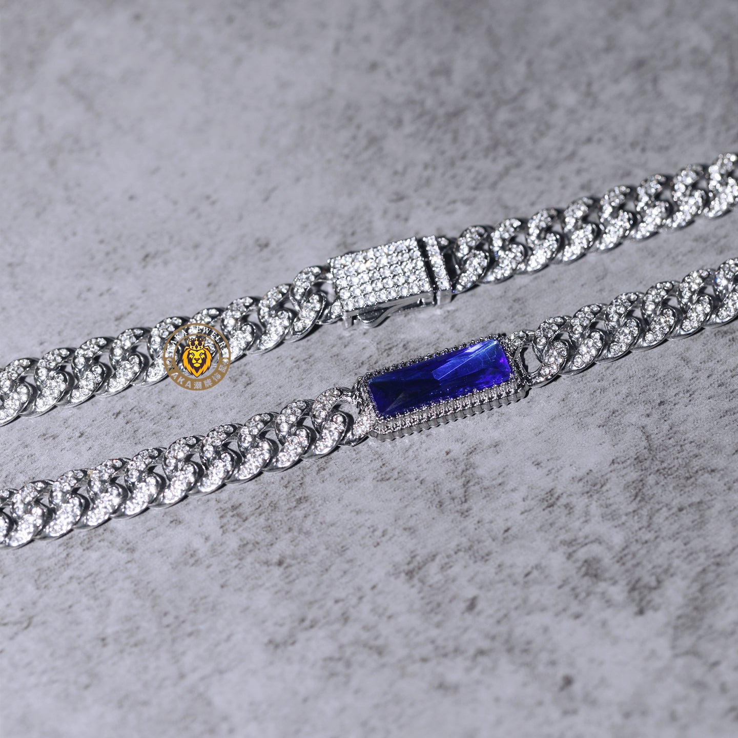 Royal Blue Rectangular Gem Iced Cuban Chain — Luxury Bling Necklace for Men & Women, Trendy American Style Choker