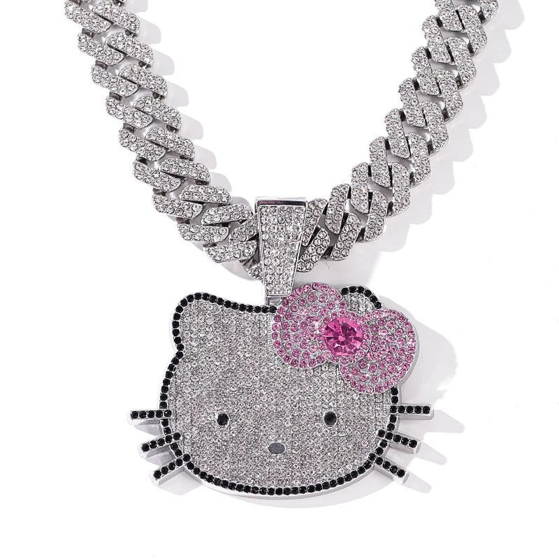 Iced Pink Kitty Cuban Link Necklace – Heart Chain & Full-Body Pendant Options