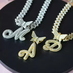 Iced Butterfly Letter Pendant Necklace – A–Z Initial Cuban Chain