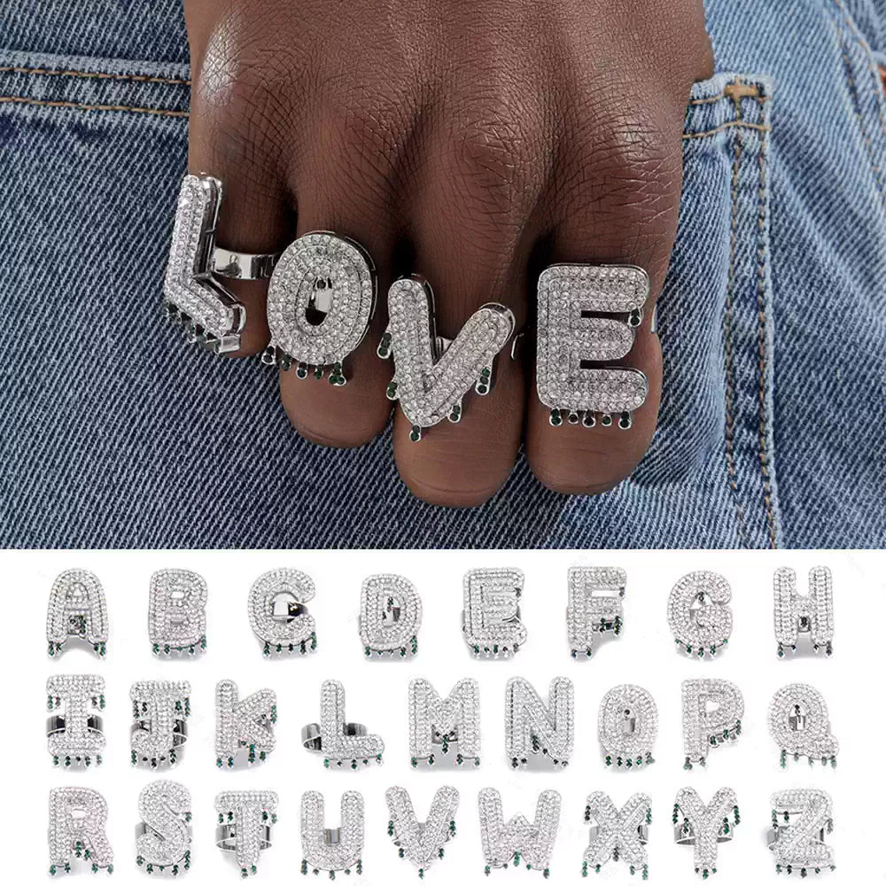 New Adjustable Open Iced-Out Hip-Hop Ring — Exaggerated Teardrop & Letter Design, DIY Statement Bling Ring