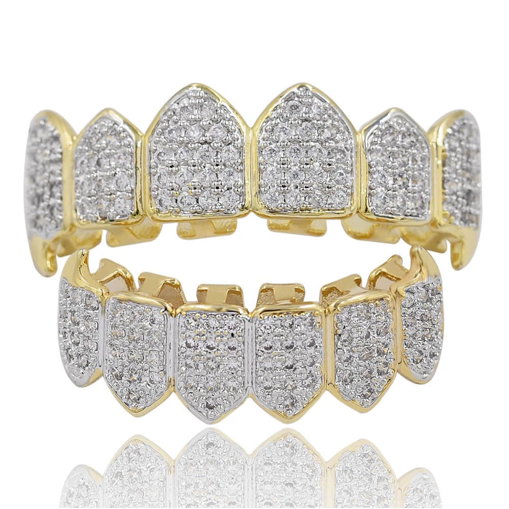 Iced Gold & Silver Grillz Set – 18K Plated Hip-Hop Tooth Caps with Box