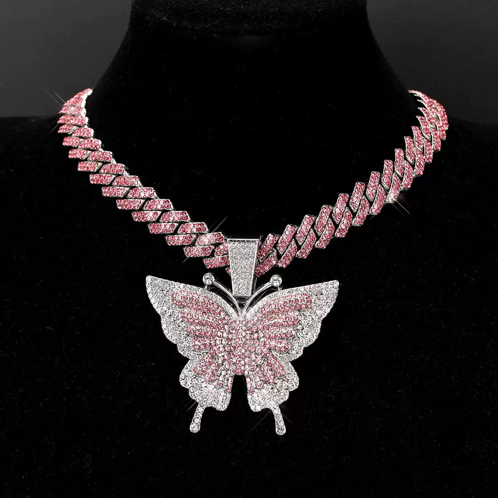 Iced Butterfly Cuban Link Necklace – Gold & Silver Hip-Hop Pendant Chain