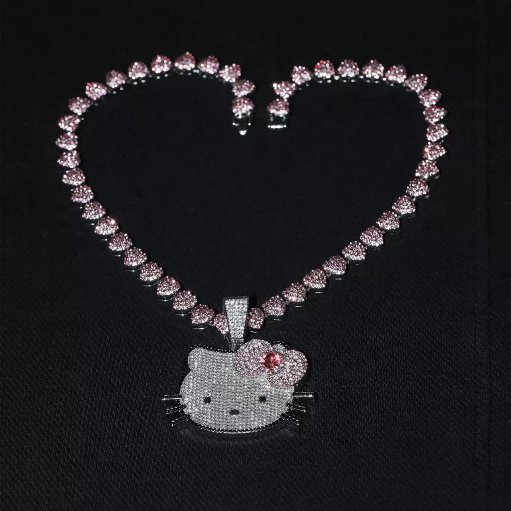 Iced Pink Kitty Cuban Link Necklace – Heart Chain & Full-Body Pendant Options