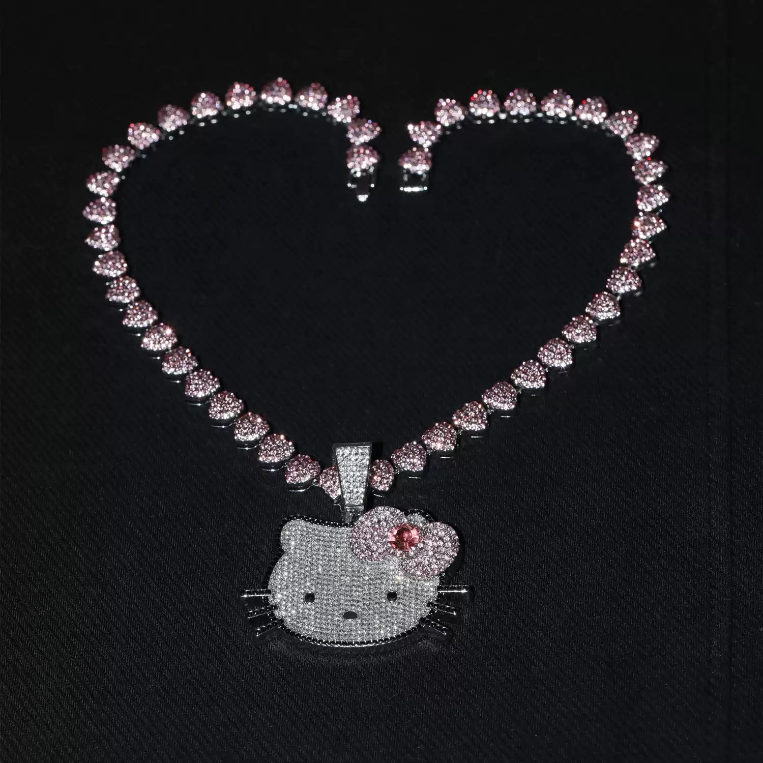 Iced Pink Kitty Cuban Link Necklace – Heart Chain & Full-Body Pendant Options