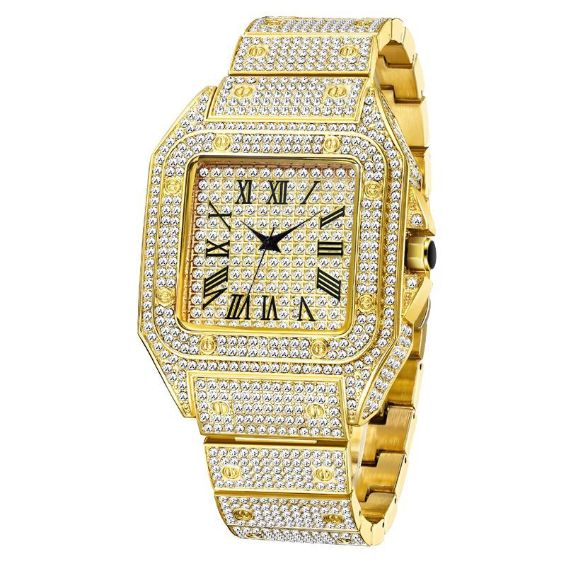 American Hip-Hop / Fully Iced-Out / Full-Diamond Look / Watch / Fashion / Waterproof / Gold Square Watch