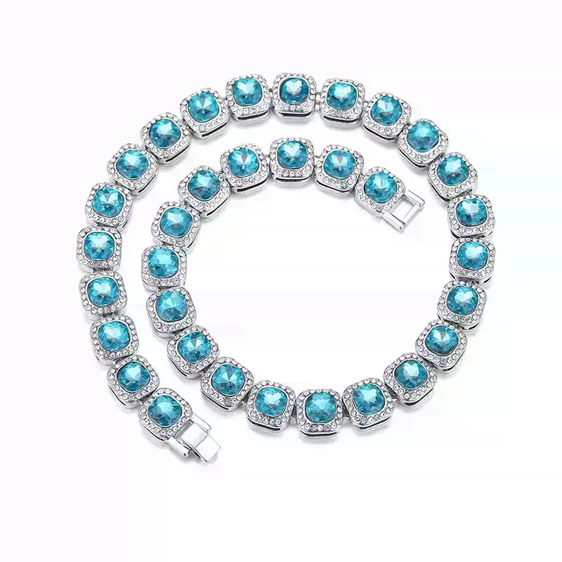 Hip-Hop Men’s Iced-Out Aqua Blue Cube Bracelet — Full Diamond Square Link Bracelet, Trendy Streetwear Jewelry Accessory