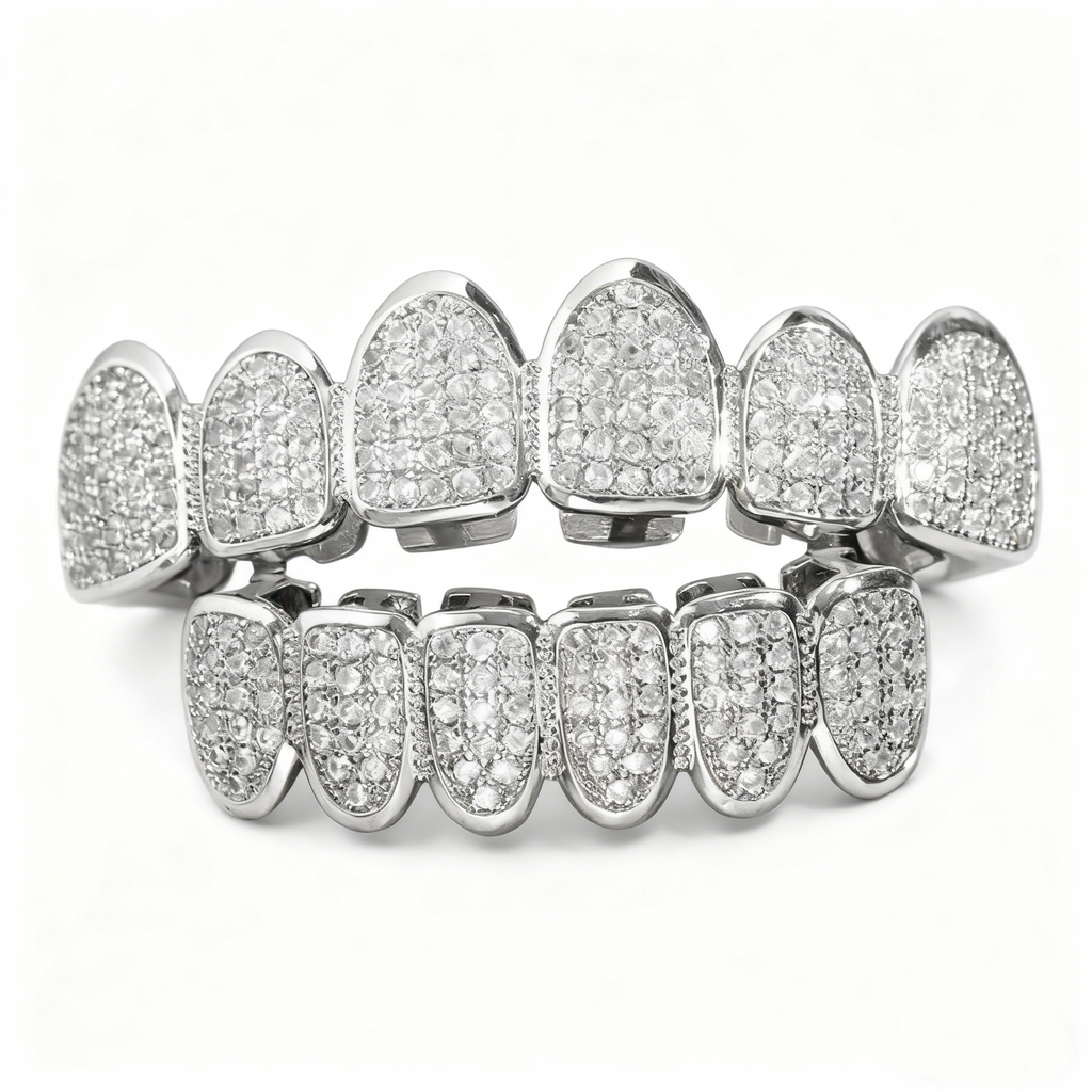Iced Gold & Silver Grillz Set – 18K Plated Hip-Hop Tooth Caps with Box