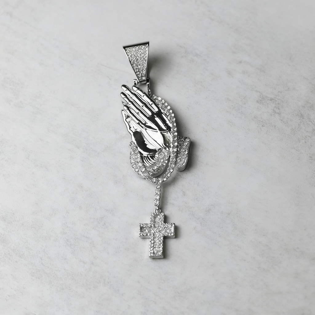 Iced Prayer Hands Cross Pendant – Hip-Hop Cuban Link Necklace